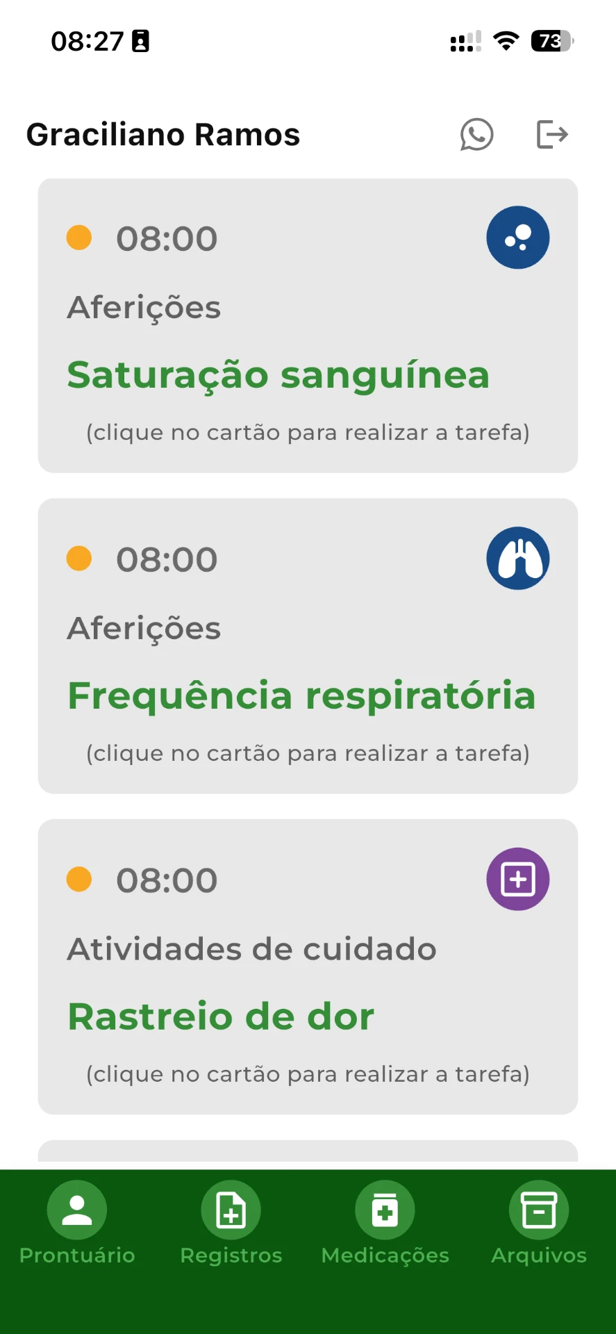 Tarefas e aferições do plantão no app de campo