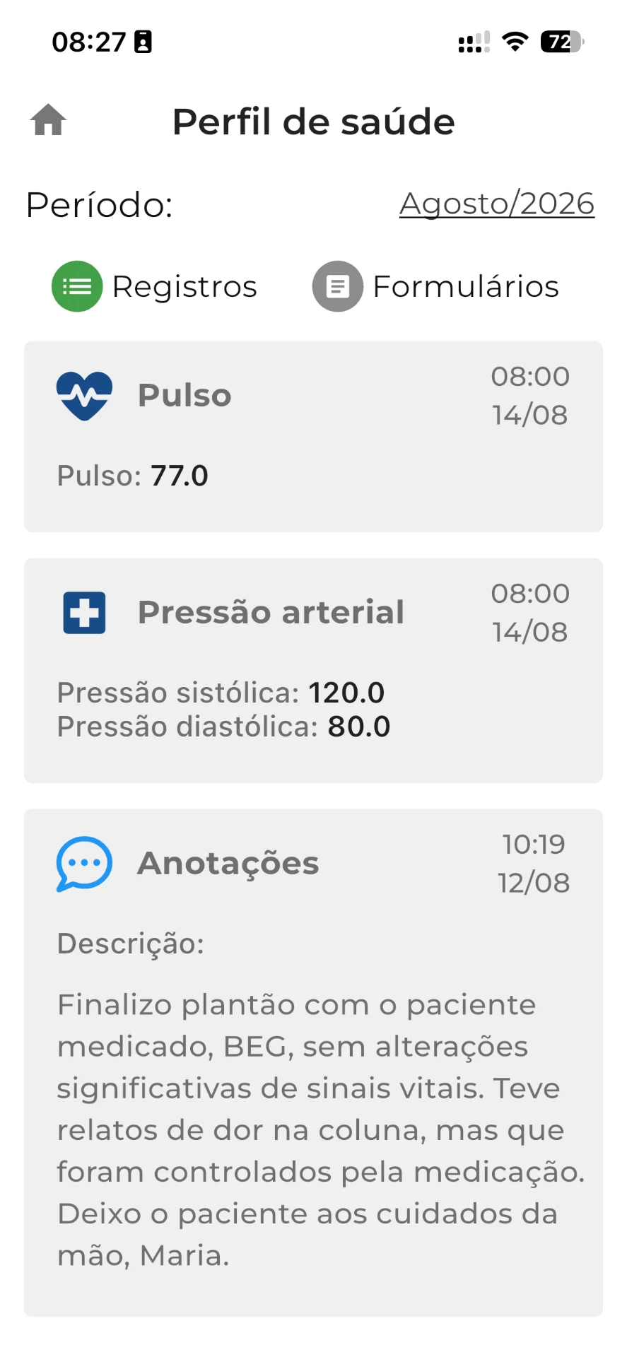 Registros de sinais vitais e anotações no app de campo