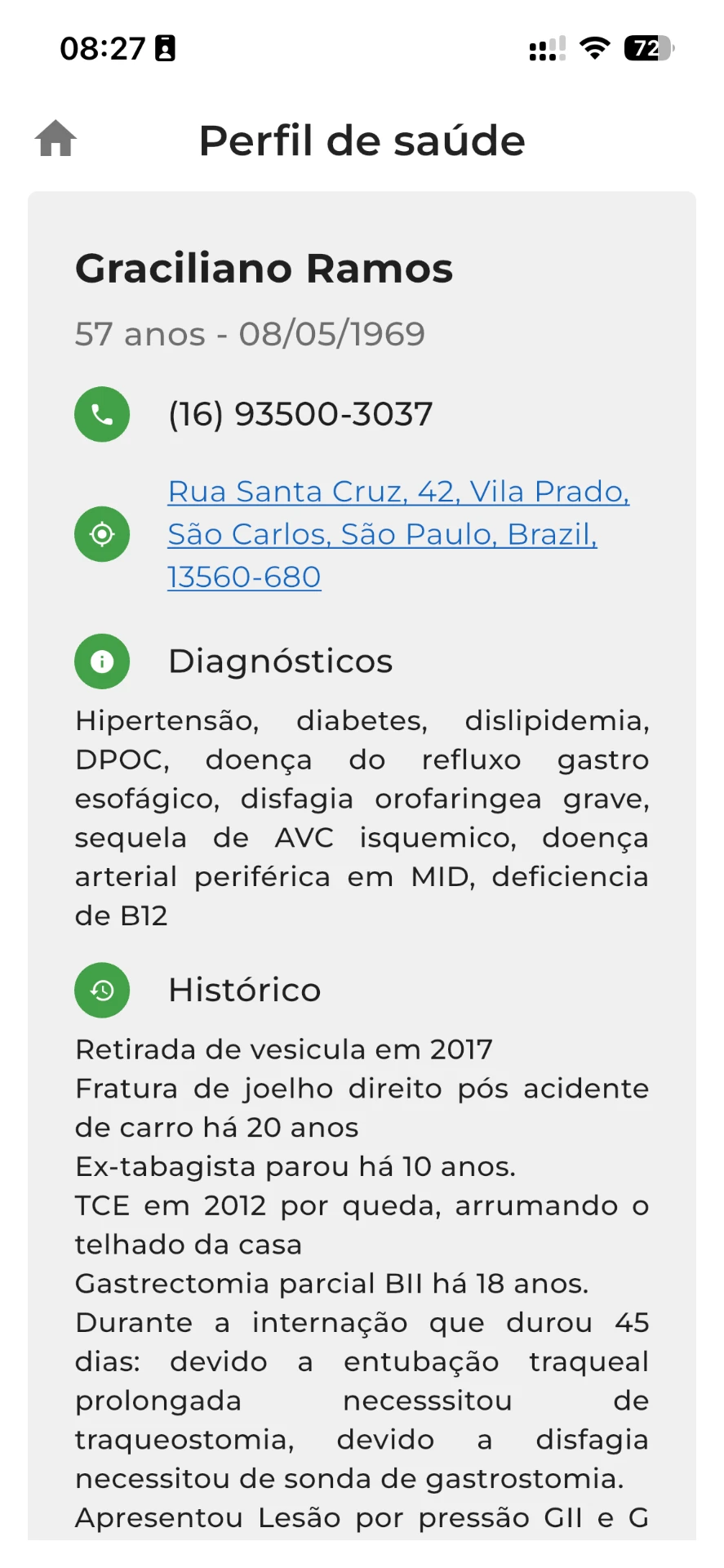 Perfil de saúde do paciente no app de campo