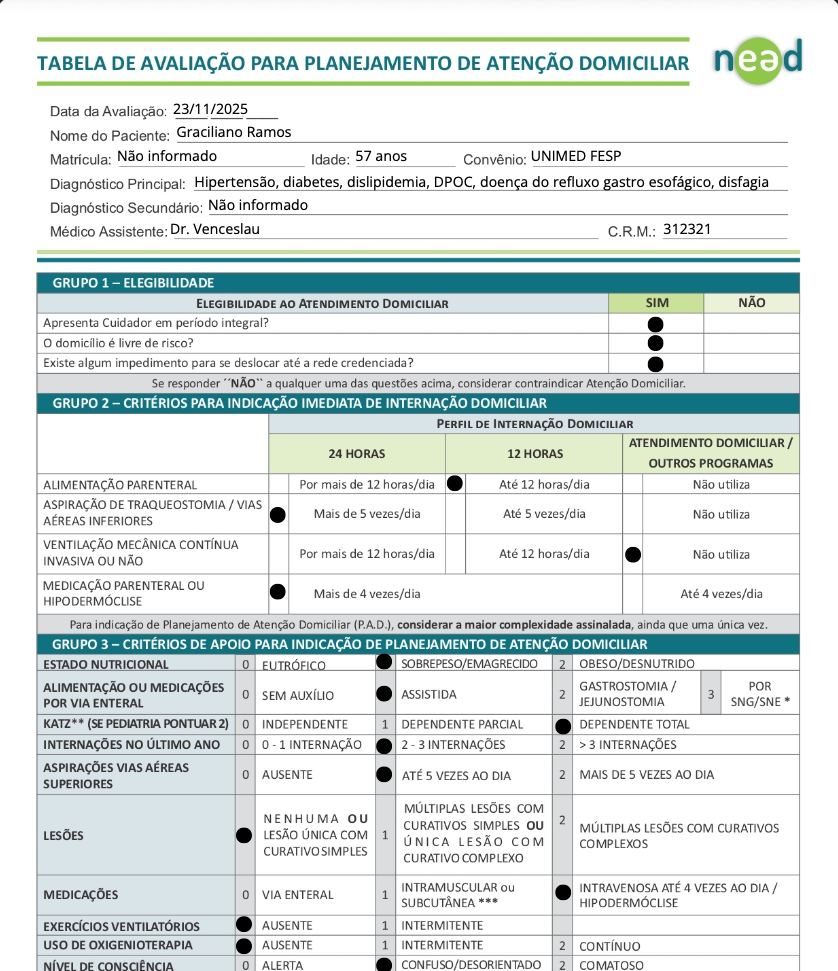 Tabela de avaliação para planejamento